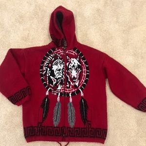 Ruminahui red wool hand woven Indian wolf sweater